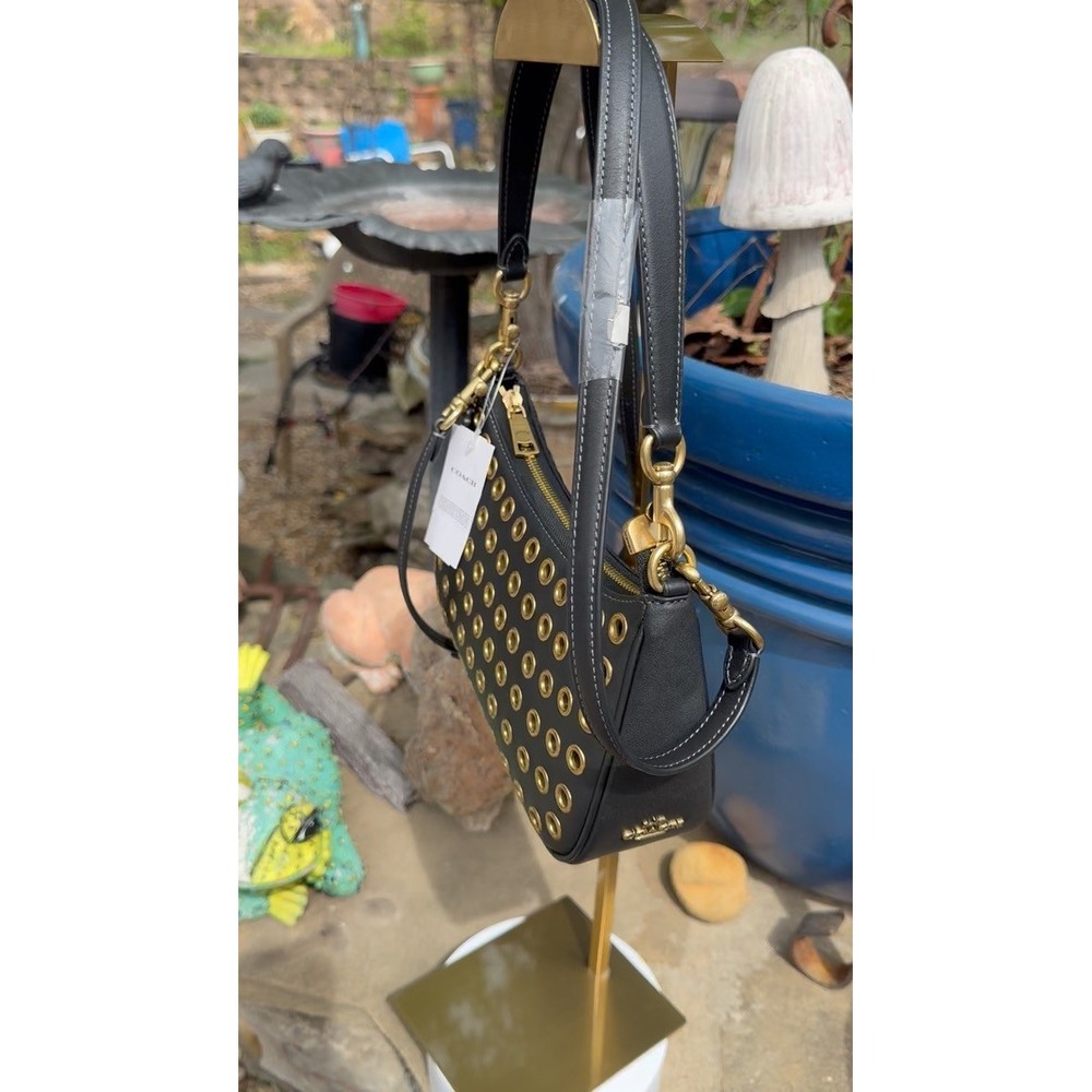 Coach Black Leather Grommet Shoulder Bag Gold Studs CY646 NWT - Picture 15 of 16